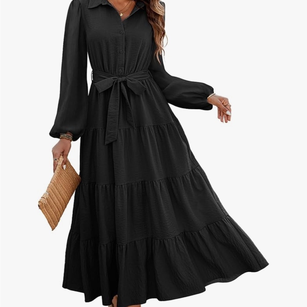Chic Black Long Sleeve Maxi Shirt Dress - Picture 2 of 3